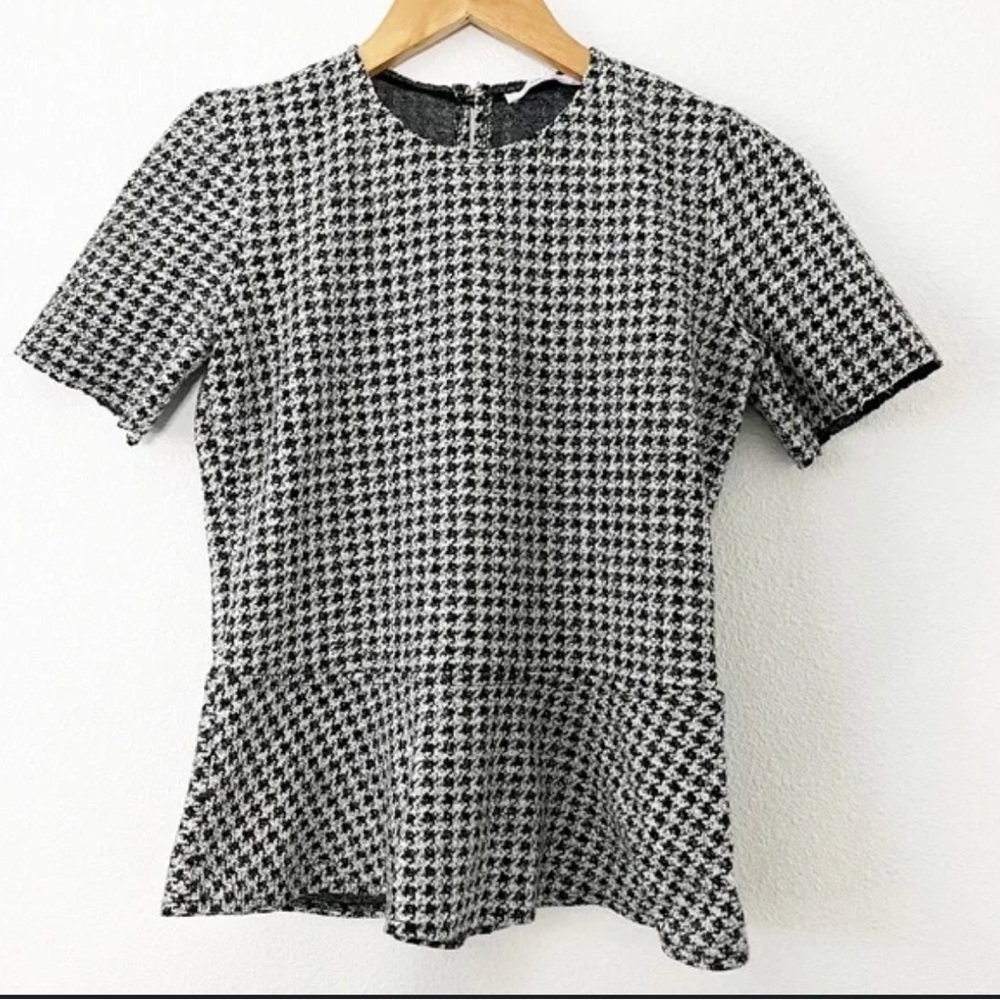 Zara Black White Houndstooth Short Sleeve Peplum Blouse